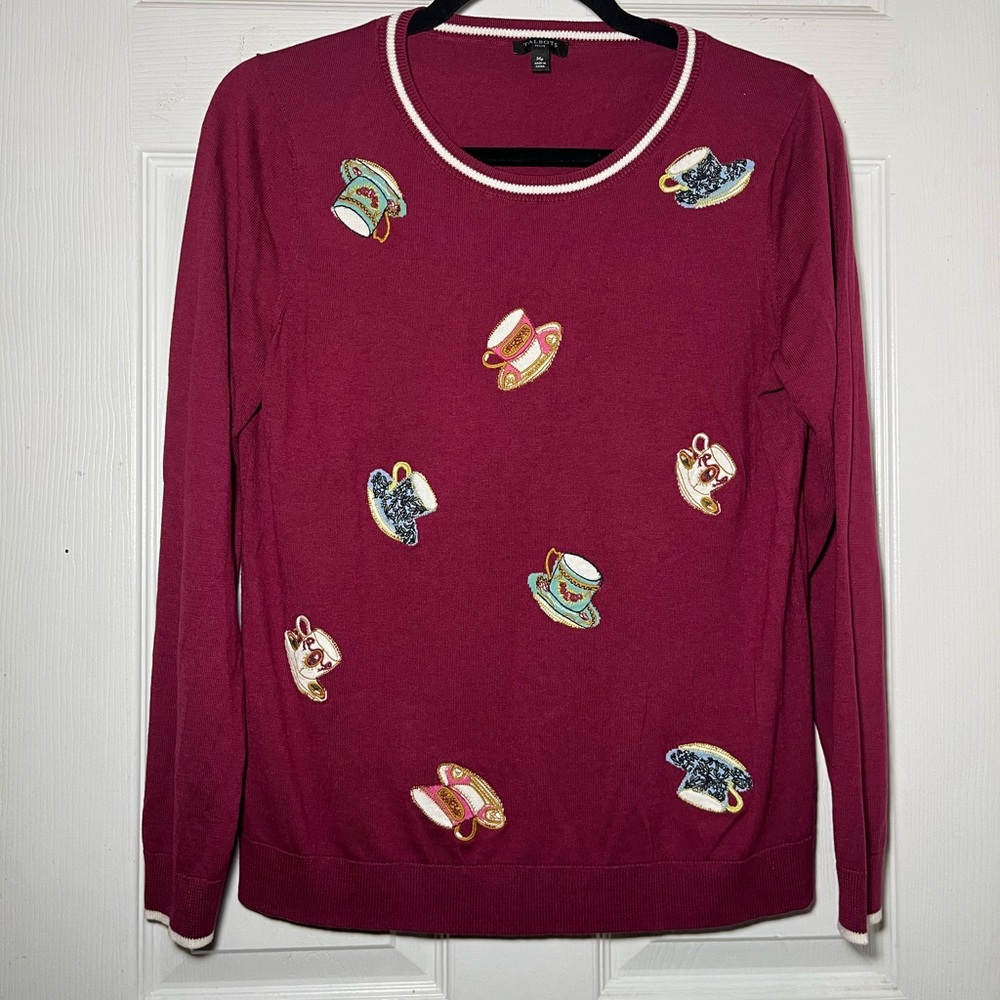 Talbots Burgundy Crew Neck Sweater Embroidered Teacup, Long Sleeve Sz Mp